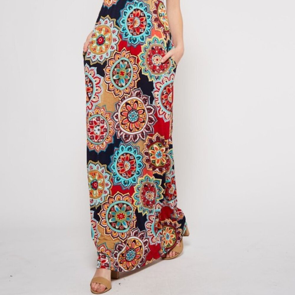 Bohemian Racer-Back Tank Multi-color Navy Red Flower Medallion Maxi Dress XL - Picture 2 of 12